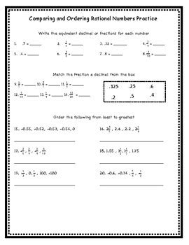 ordering rational numbers worksheet with answers